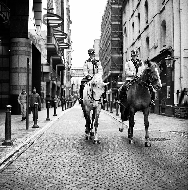 Mounted police by Embankment tube station